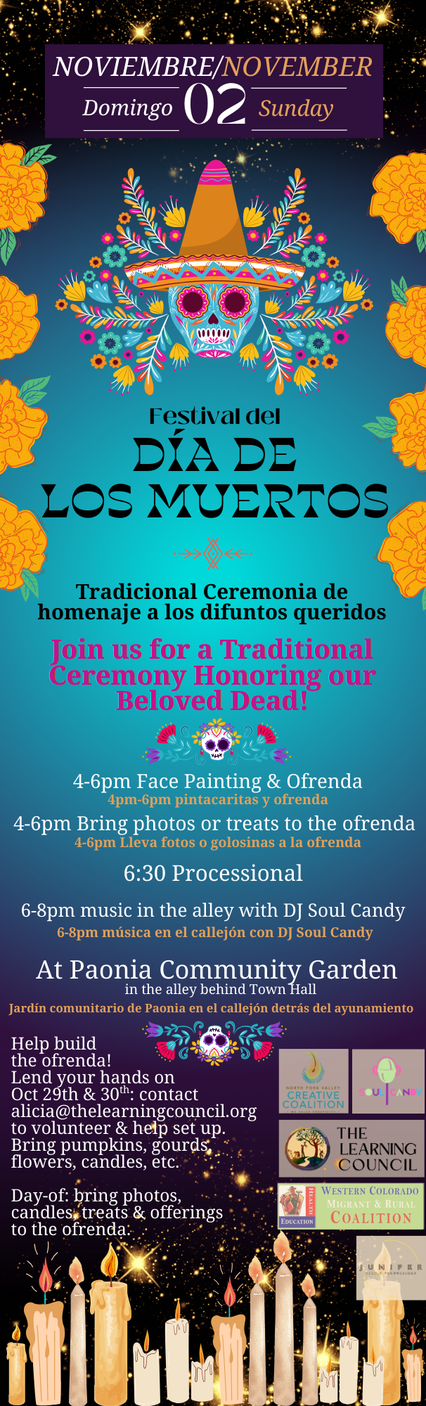 Image of los muertos on bright blue background with details of festival.