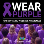 Purple ribbon with WEAR in white and Purple in purple lettering followed by FOR DOMESTIC VIOLENCE AWARENESS IN WHITE, over a background of people facing foward in purple t-shirts with a log of the Rose Andom Center.